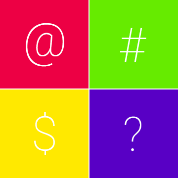 at symbol, hashtag symbol, dollar sign, and question mark